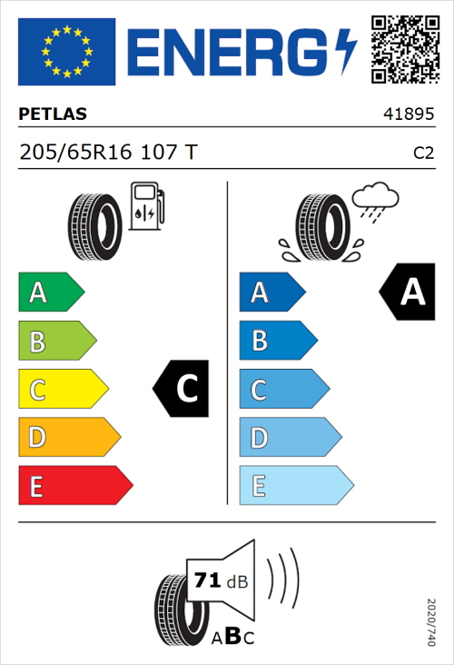 Tyre Label for Petlas Full Power PT835 205/65R16 107T